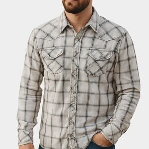 BKE Men's Western Snap Shirt XL White Gray Plaid Long Sleeve‎ Pearl Snaps Cotton